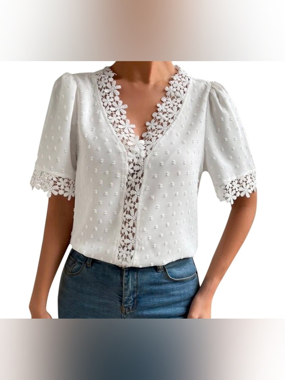Powder Blue Lace Trim V-Neck Puff Sleeve Blouse